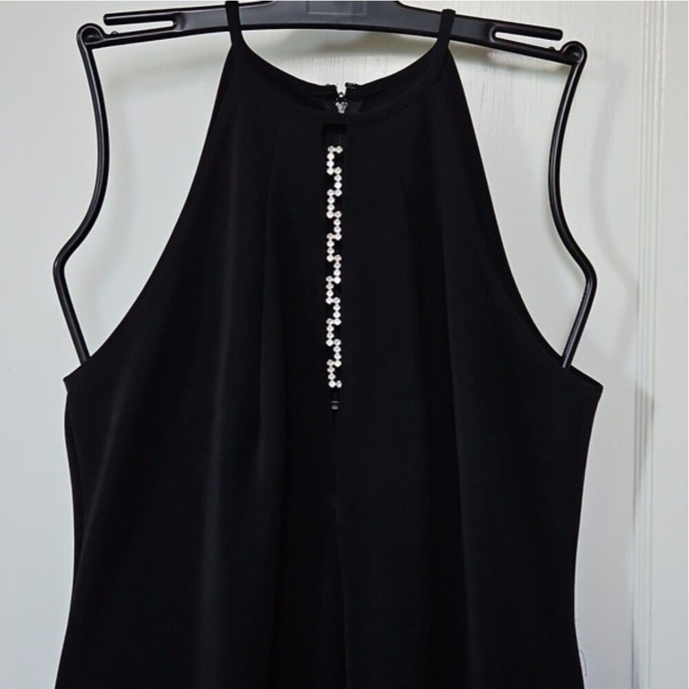 Onyx Nite Black Long Cocktail dress, Rhinestones, Halter Top With Bolero Jacket